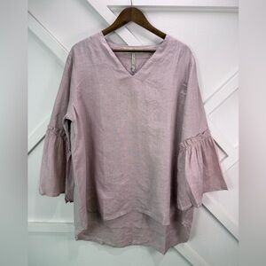 NWT Crown Linen Designs 100% Linen V- Neck Bell Sleeve Tunic Top Lilac Size XL